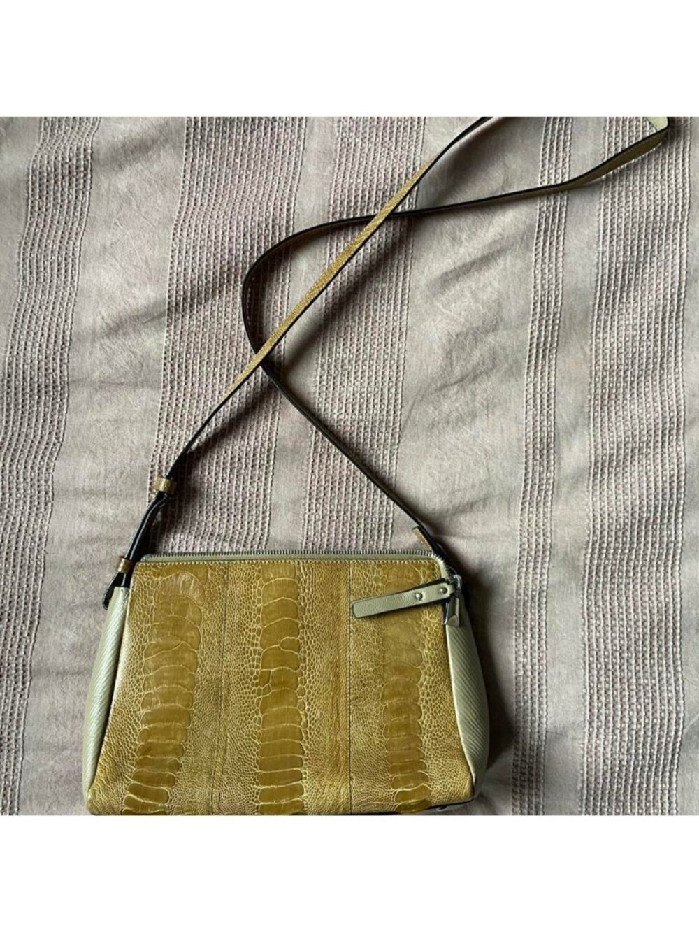 Genuine ostrich tan shoulder bag made in South Africa with silver hardware